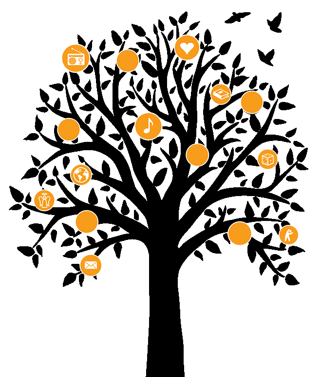 Graafinen kuva, jossa on musta puu ja oksilla oransseja palloja, joissa on erilaisia kuvakkeita. Kuvakkeet liittyvät aktiviteetteihin, joita ikääntyneet voivat harjoittaa.