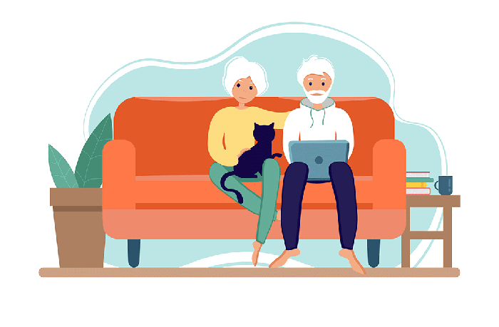 Kaksi ikääntynyttä henkilöä istuu sohvalla. Toisella sylissään on tietokone, jota kautta ryhmätoiminnan toteutus onnistuu Sävelsirkkua tai Näyttämöä hyödyntäen.