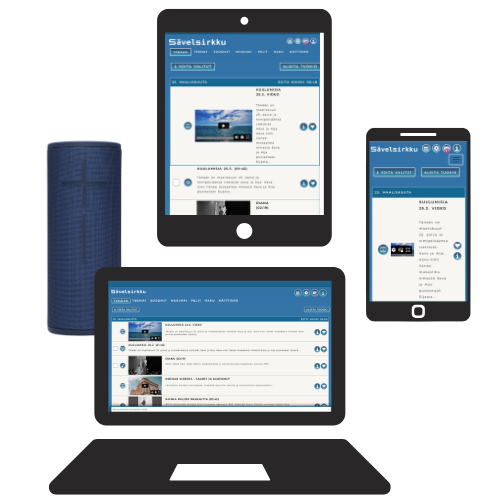 Kuvassa puhelin, tietokone ja tabletti, joissa Sävelsirkku. Lisäksi kuvassa on langaton kaiutin. 